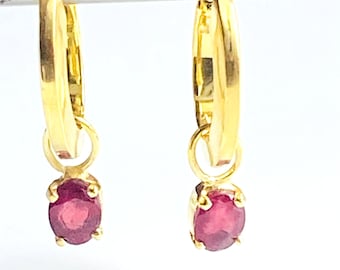 Celestial Ruby Huggie Earrings: 12mm Hoops with Detachable  Ruby Dangles , Gold hoop earrings , Birthday gift for her.