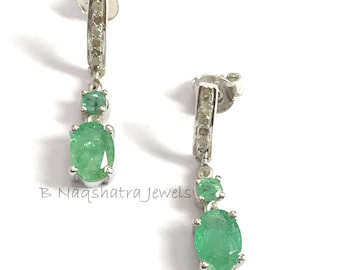 Emerald Diamond Dangle Earrings: Sterling Silver May Birthstone