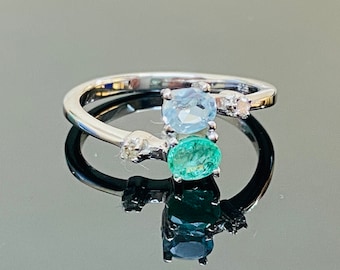Aquamarine Emerald Diamond Ring: Sterling Silver Handmade Promise Ring