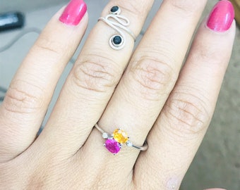 Yellow Sapphire & Ruby Bypass Ring: Sterling Silver Dainty Wedding Band
