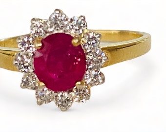 18k Gold Ruby Diamond Halo Ring: Handcrafted Leo Birthstone