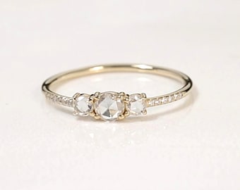 ROSE CUT DIAMOND Engagement Ring, Pave Diamonds Band, Stackable Wedding ring, Three Diamond Ring, Valentine Gift for Her.