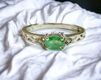 Delicate Promise: Art Deco Emerald & Diamond Ring, May birthstone, Promise Ring for Her.