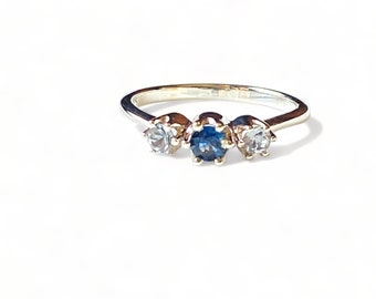 Triple Stone Blue Sapphire and Aquamarine Ring - 925 Sterling Silver, Elegant and Timeless stackable ring.