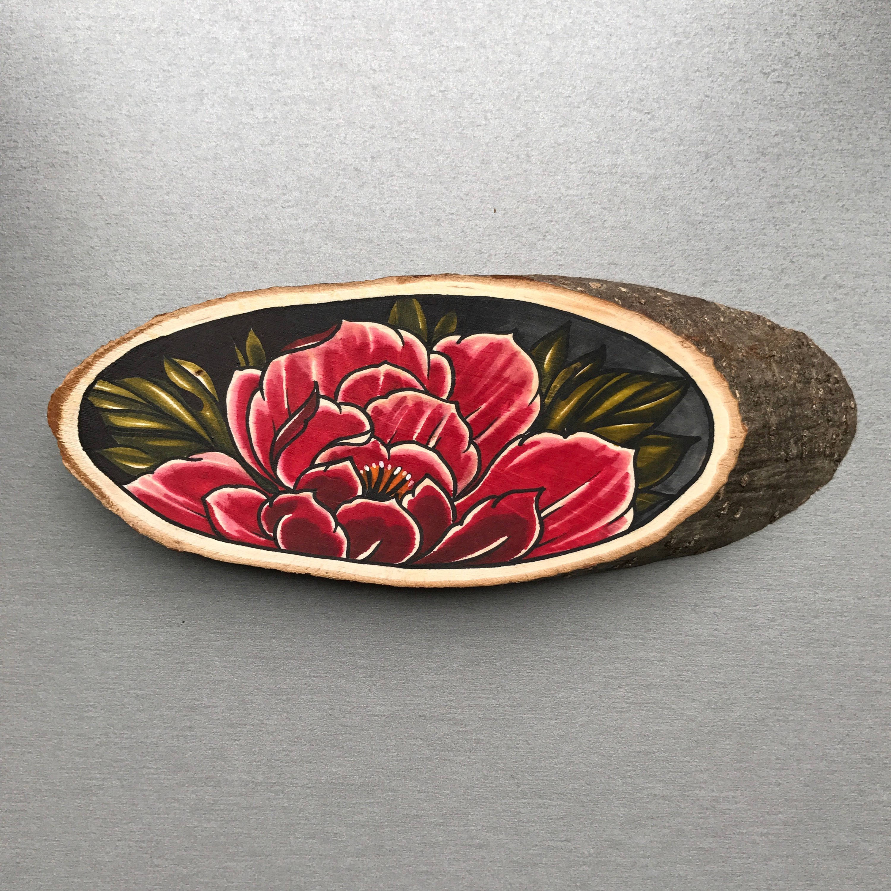Wood slice with an original drawing of a peony Etsy