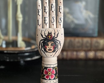 MINI wooden hand with a spider lady and flowers tattoo design