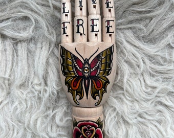 MINI wooden hand with a butterfly and rose tattoo design