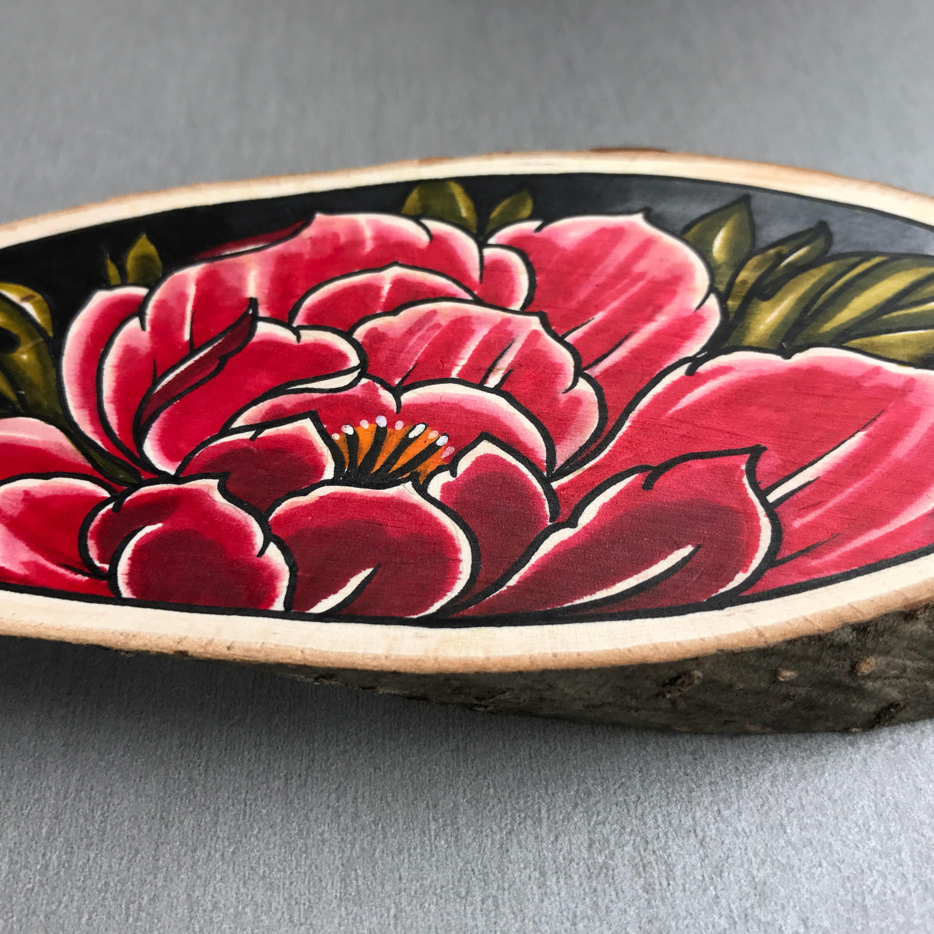 Wood slice with an original drawing of a peony Etsy