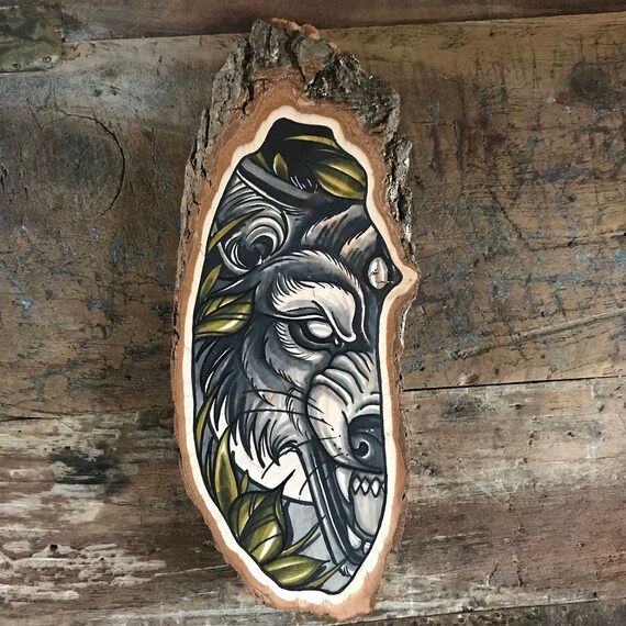 Wood slice with an original drawing of a wolf Etsy