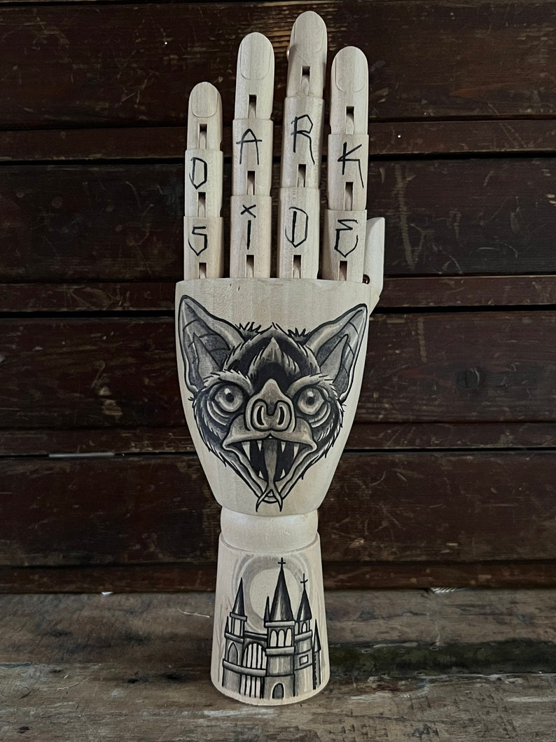 SALE Wooden hand with an original drawing of a bat tattoo design image 1