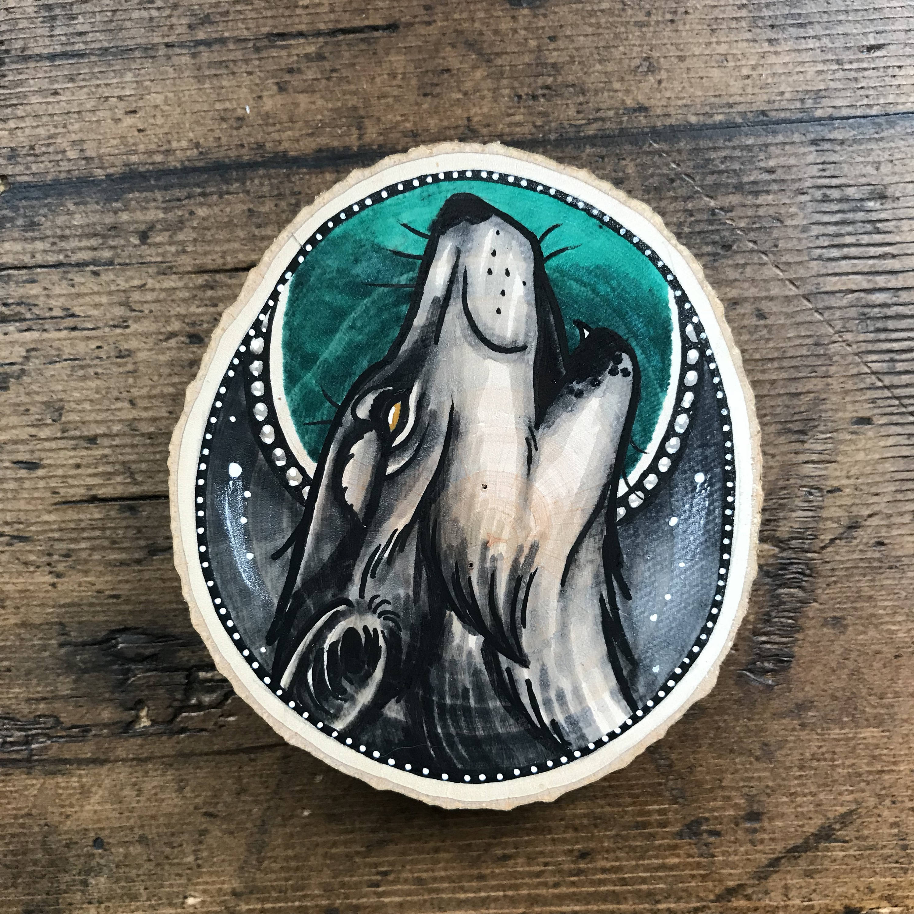 Wood slice with an original drawing of a howling wolf Etsy