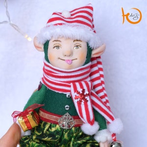 Christmas decorative miniature elf art doll on polymer clay, gift for kids