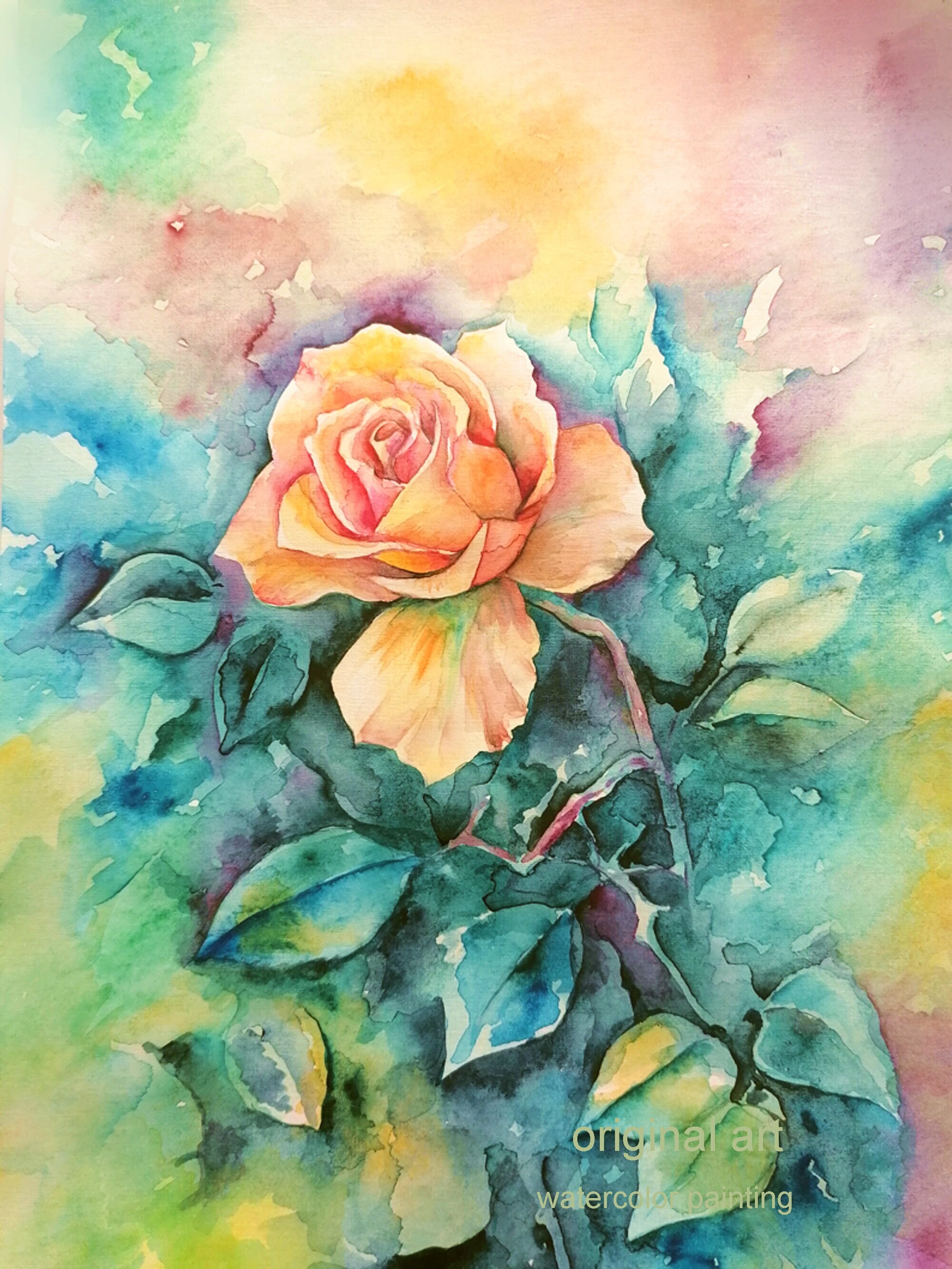 Yellow rose painting yellow flower original watercolor Etsy