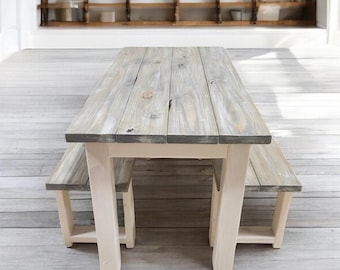 Small Farmhouse Dining Table with Benches: Gray Whitewash Kitchen Set