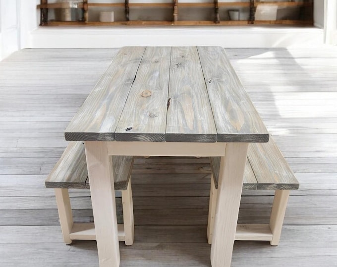 Farmhouse Table and Benches, Small Dining Table, Kitchen Table, Wood Dining Table Set, Narrow Dining Table, Modern Farmhouse, Coastal Decor