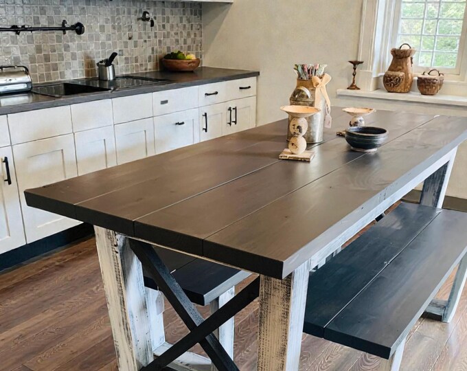 Farmhouse Table With Benches – Rustic Dining Table Set, Narrow Wood Dining Table For Farmhouse Kitchen