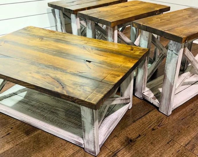 Solid Wood Farmhouse Coffee Table Set, Rustic X Brace End Tables