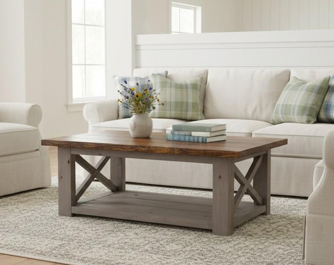 Farmhouse Coffee Table Solid Wood Storage Shelf Rustic Living Room X-Frame Provincial Brown Handmade