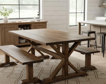 Farmhouse Trestle Dining Table Set Benches Solid Wood Rustic Kitchen 6ft Provincial Handmade Furniture