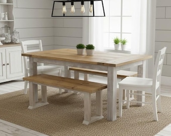 Modern Farmhouse Dining Kitchen Table Benches Breadboard Handmade Rustic Wooden Custom Breakfast Furniture