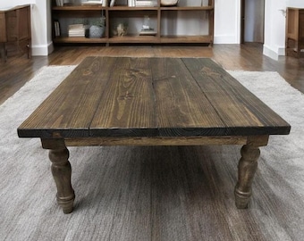 Large Square Farmhouse Coffee Table: Dark Walnut Turned Legs