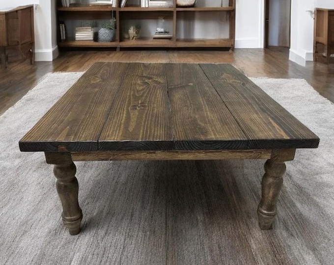 Large Rustic Coffee Table with Dark Walnut Stain - Wood Coffee Table - Wooden Living Room Furniture Turned Legs - Modern Coffee Tables