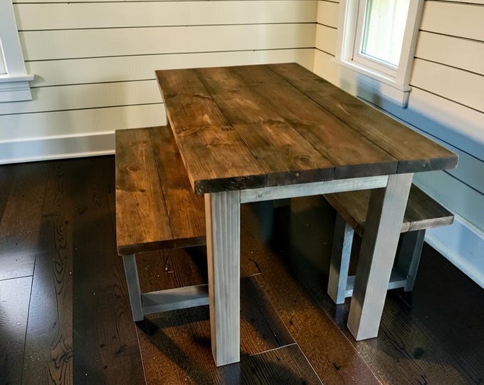 Farmhouse Dining Table Set With Benches 6ft Narrow Rustic Wood Kitchen Handmade Furniture