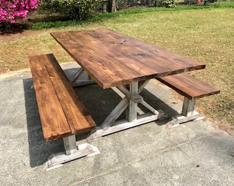 outdoor farmhouse table outside rustic pedestal 7ft farmhouse table with long benches provincial brown with white distressed base dining set outdoor etsy outdoor farmhouse table outside rustic pedestal 7ft farmhouse table with long benches provincial brown with white distressed base dining set outdoor etsy