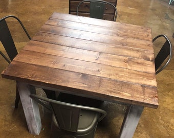 Square Farmhouse Table With Metal Chairs, Rustic Farmhouse Table Set, Light Walnut Brown Top Distressed White Base, Wooden Square Dining Set