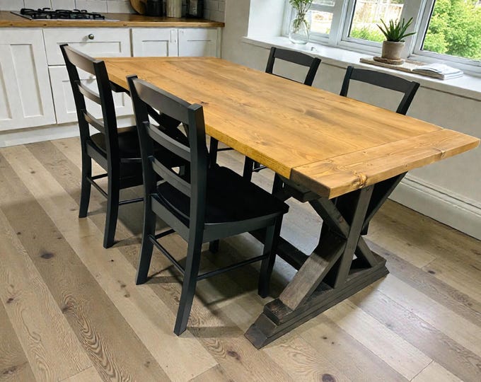 6ft Farmhouse Dining Table Set, Large Modern Kitchen Table with Chairs, Rustic Wood Furniture