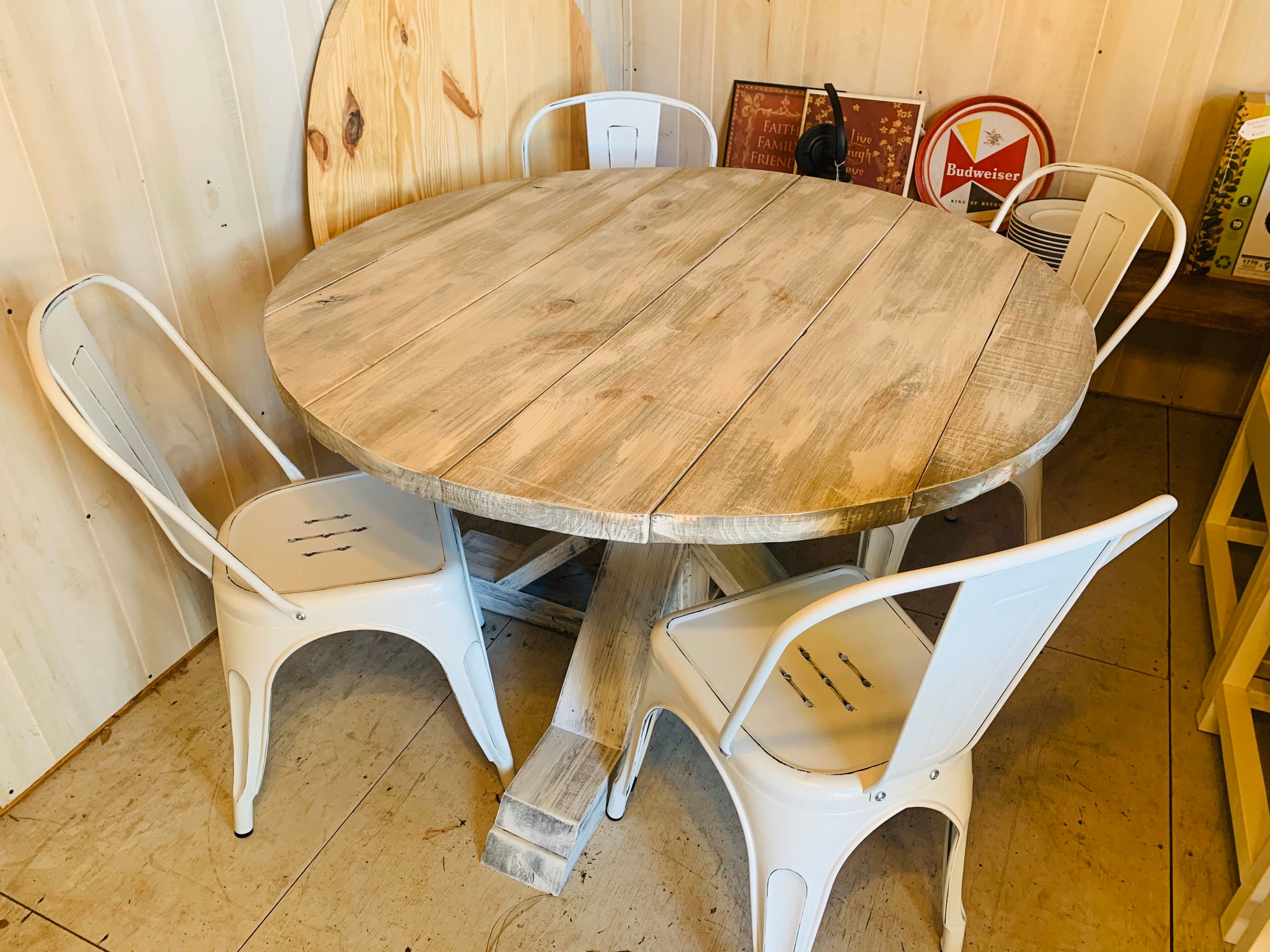 Round Rustic Farmhouse Table with chairs Single Pedestal Style