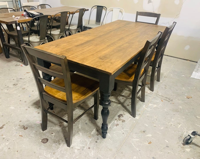 Rustic Turned Leg Farmhouse Table Set, Bench and Chairs with Black Base and Provincial Brown Top, Seamless Top Dining Table Set