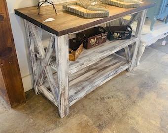 Rustic Wooden Buffet Table: Distressed White & Red Mahogany Farmhouse Decor