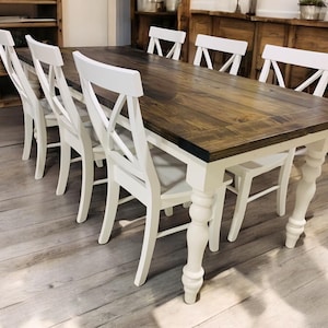Handmade Farmhouse Dining Table with Chairs: Dark Walnut Top, Antique White Base