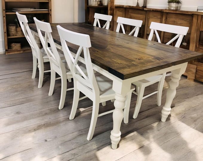Farmhouse Table with Chairs and Turned Legs, Dark Walnut Top and Antique White Base, Wooden Dining Table