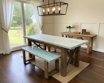 Farmhouse Dining Table Set With Benches Rustic Teal Solid Wood Kitchen Furniture Distressed Walnut