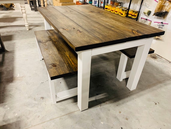 Farmhouse Table Set With Benches White Base and Dark Walnut Brown