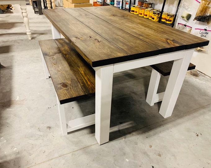 Farmhouse Table Set with Benches, White Base and Dark Walnut Brown Top, Dining Set with Kitchen Table Set