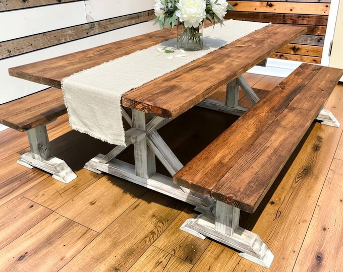 Farmhouse Trestle Dining Table Set With Benches 7ft Rustic Pine Wood Handmade
