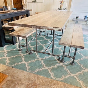Industrial Style Farmhouse Table with Benches Black Iron Pipe Base and Legs Wooden White Distressed Finish Top Industrial Rustic Dining Set