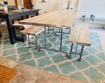 Industrial Style Farmhouse Table with Benches Black Iron Pipe Base and Legs Wooden White Distressed Finish Top Industrial Rustic Dining Set