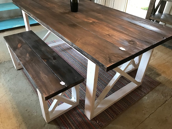 Rustic Farmhouse Table With Benches Dark Walnut Top And Rustic Farmhouse Table With Benches, Dark Walnut Stain Farmhouse Table