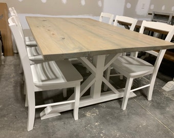 6ft Rustic Farmhouse Table Set With White Chairs , Gray Stained  Finish, Pure White Base Wooden Wide Dining Set