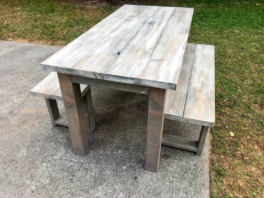 Rustic Wooden Small Farmhouse Table Set With Gray White Wash Top and