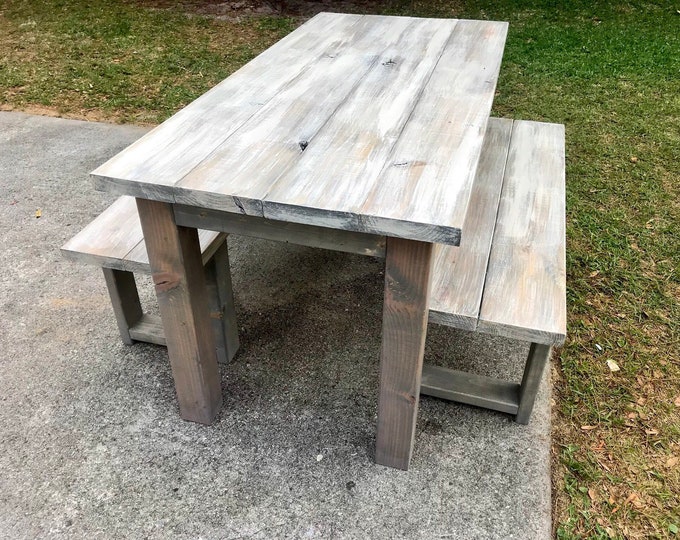 Rustic Wooden Small Farmhouse Table Set with Gray White Wash Top and Classic Gray Base Includes Two Benches Wooden Dining Set