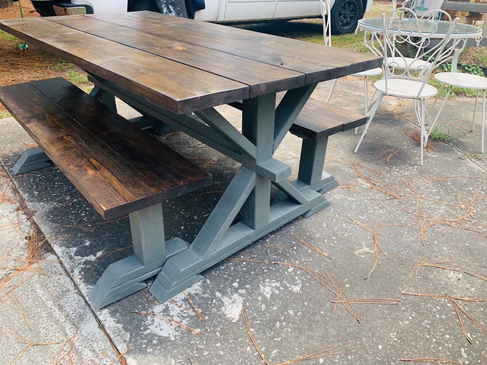 Rustic Pedestal Farmhouse Table With Benches Espresso Brown Etsy