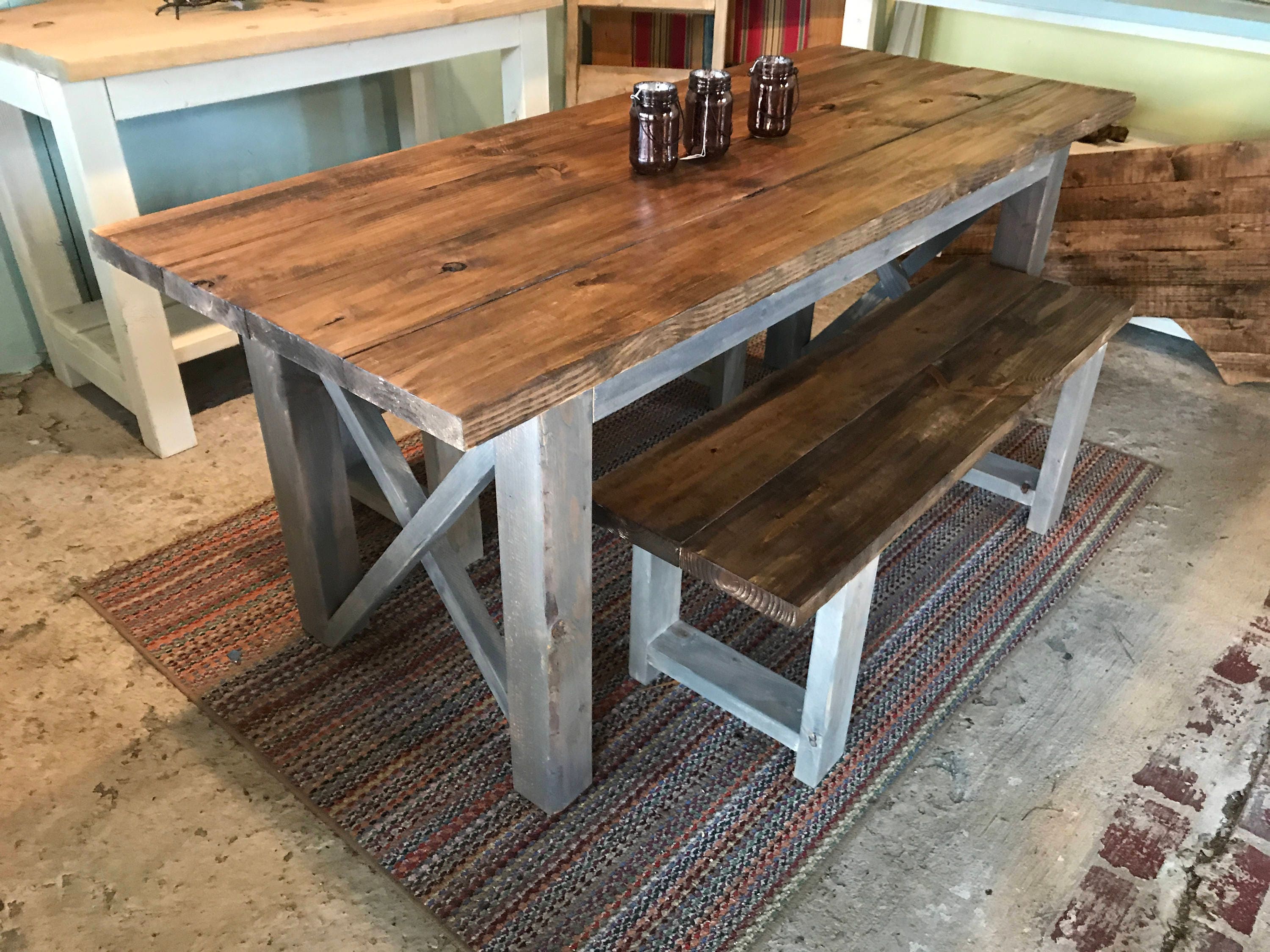 Farmhouse Table Set Narrow Dining Table X Accent Classic Gray and