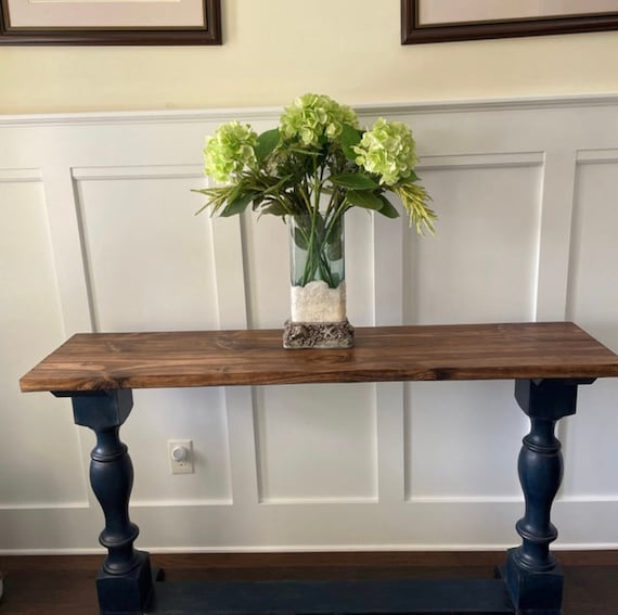 Rustic Farmhouse Entryway Table With Shelve and Turned Legs Royal