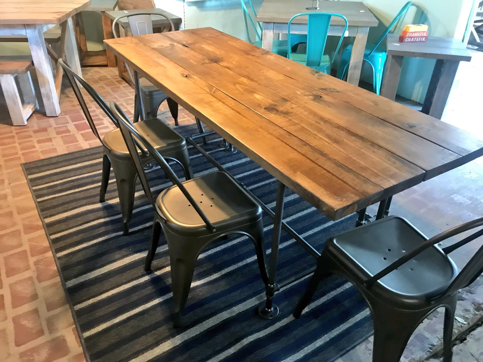 Industrial Style Farmhouse Table With Bench and Metal Chairs Etsy