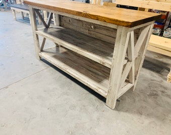 Rustic Wooden Buffet Table, Rustic Console Table, Farmhouse Buffet Table, White Distressed Base and Dark Provincial Top, X Accents and Back